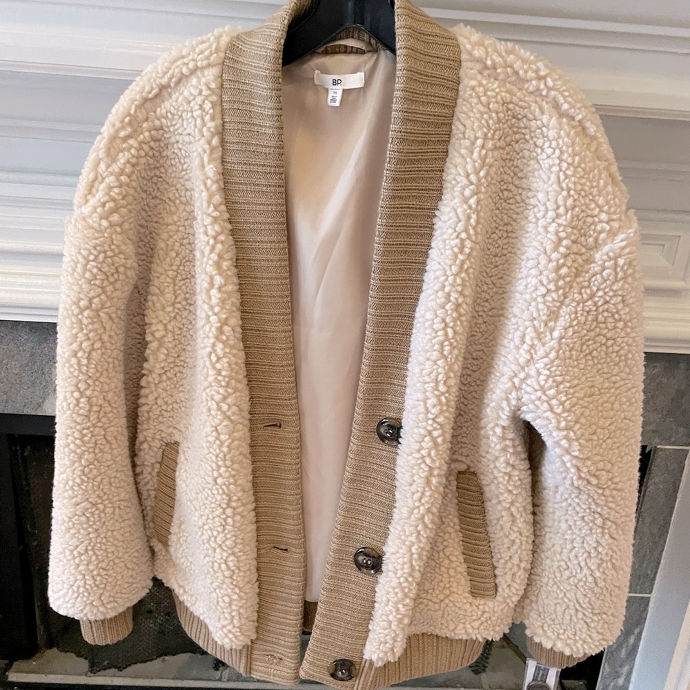 Four Button Faux Shearling Bomber Sweater Jacket